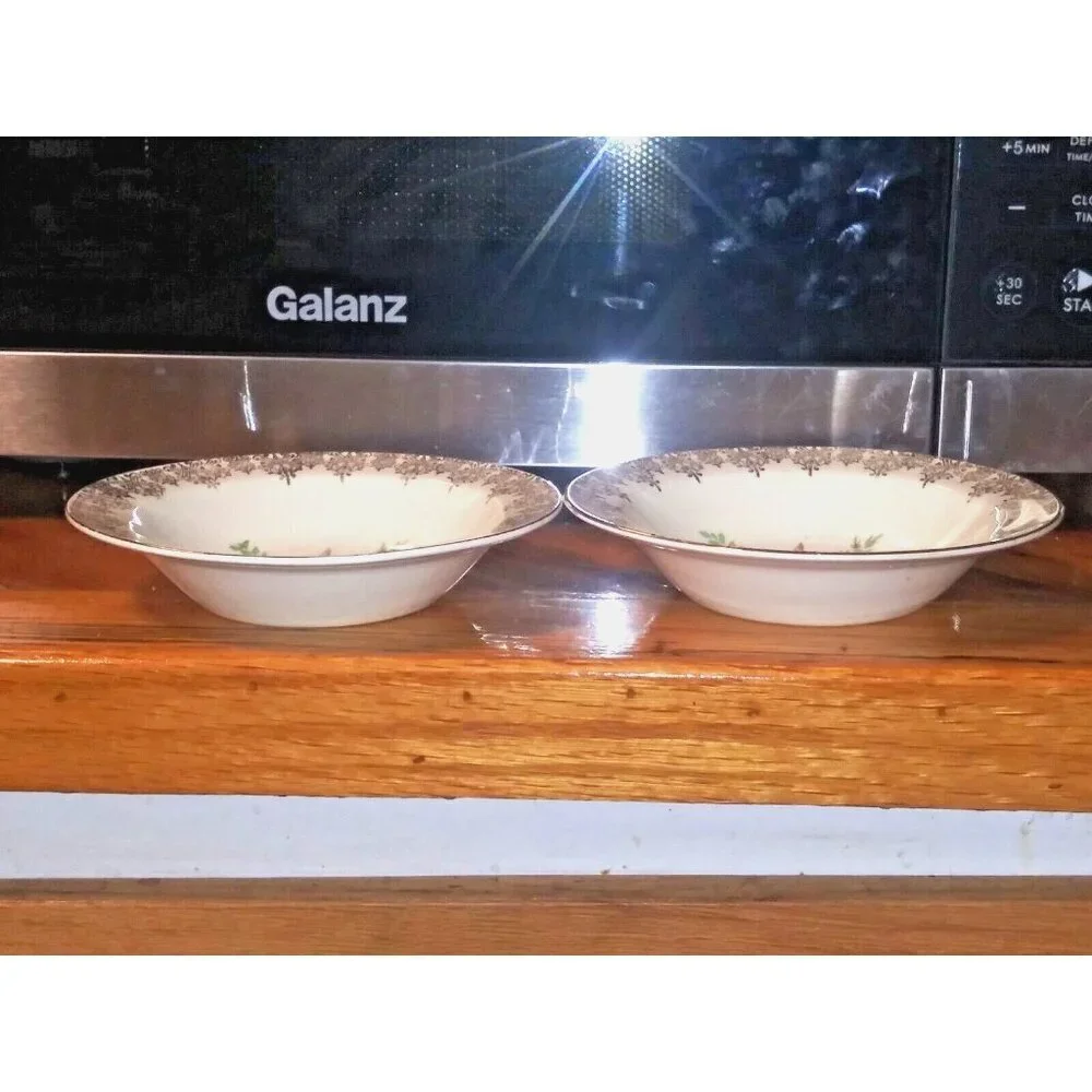 2 Vintage Edwin Knowles Floral Fruit Dessert Bowls beige orange Brown gold 1930s